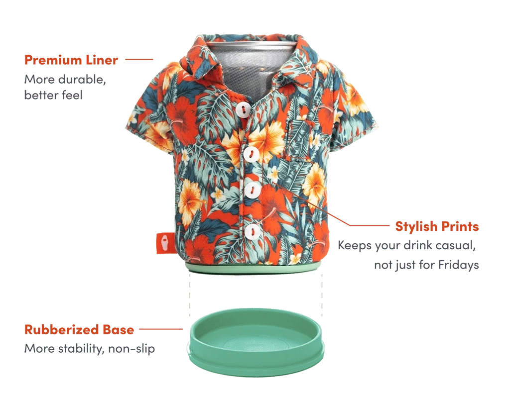Aloha hawaiian shirt drink cooler, 12oz can, front view, info graphic