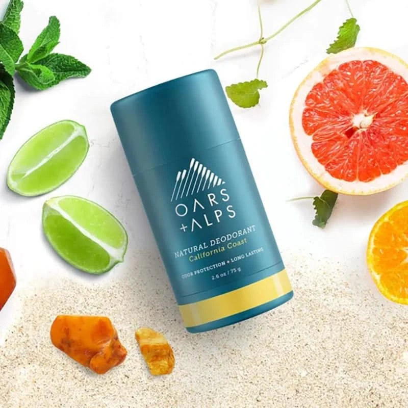 Oars & Alps Aluminum Free deodorant in California Coast Scent Stylized photo with scent ingredients