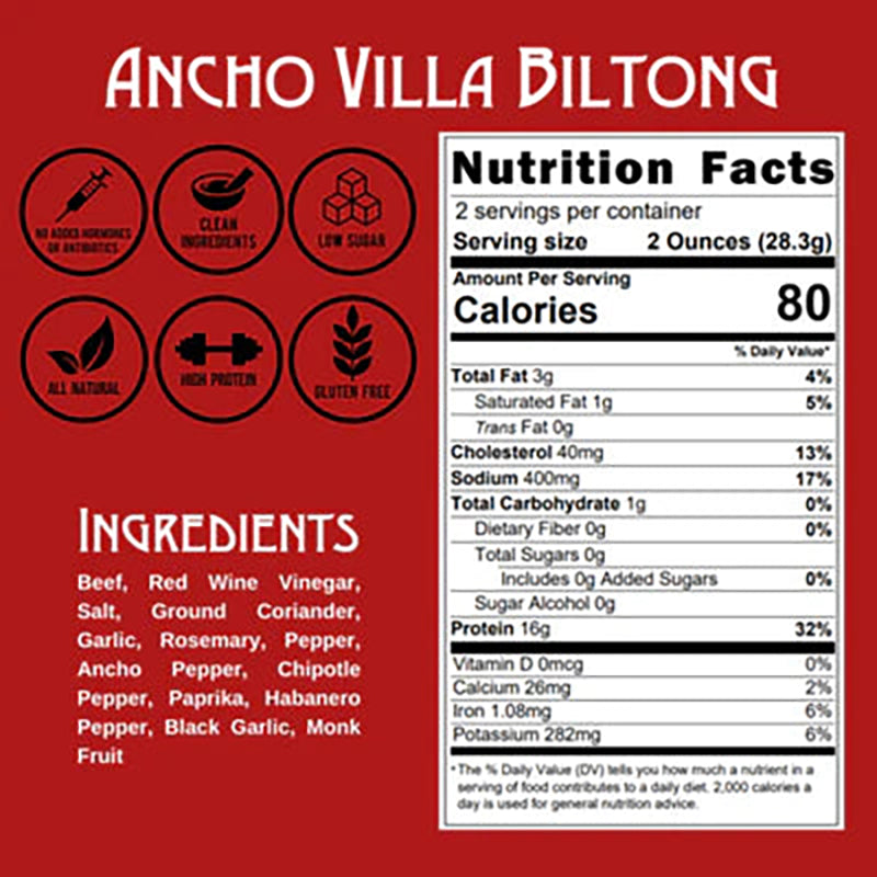 Righteous Felon Ancho Villa Bitlong Jerky, nutritional information