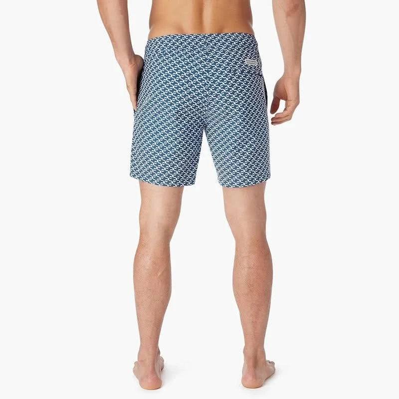 Model Wearing Fair Harbor Bayberry Trunk in Navy Geo, rear view