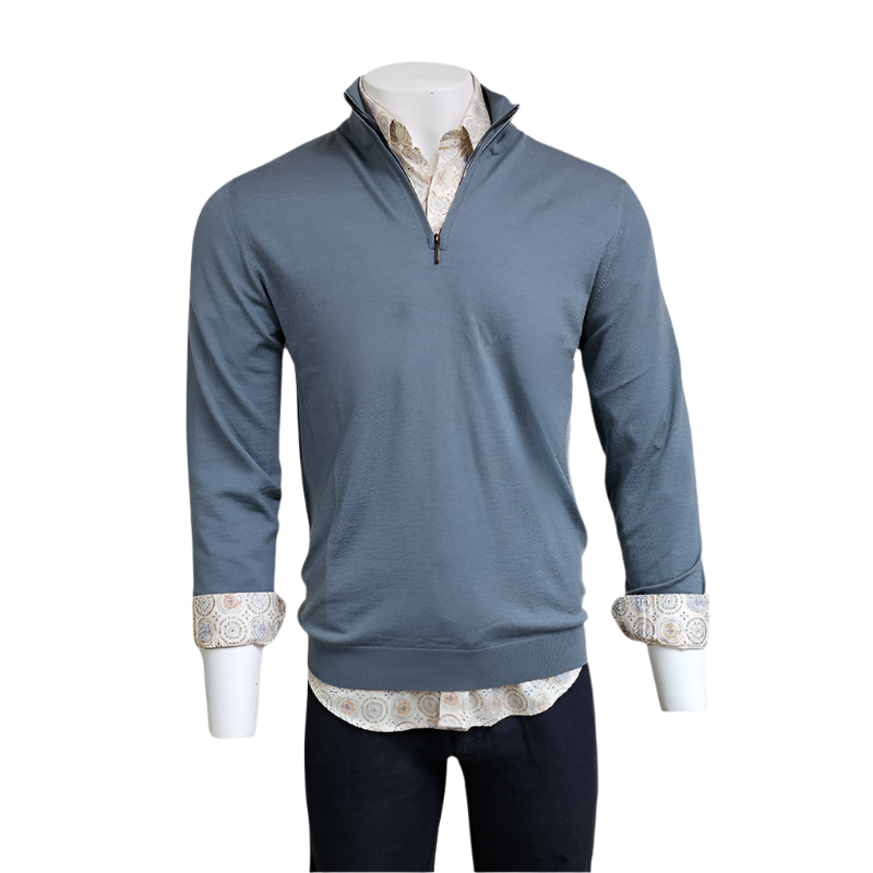 Stitchnote Merino wool 1/4 zip mock neck sweater in blue steel color