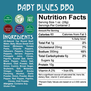 Righteous Felon Baby Blues / Bootlegging BBG Beef Jerky in 2oz Pouch, Nutritional Info Chart