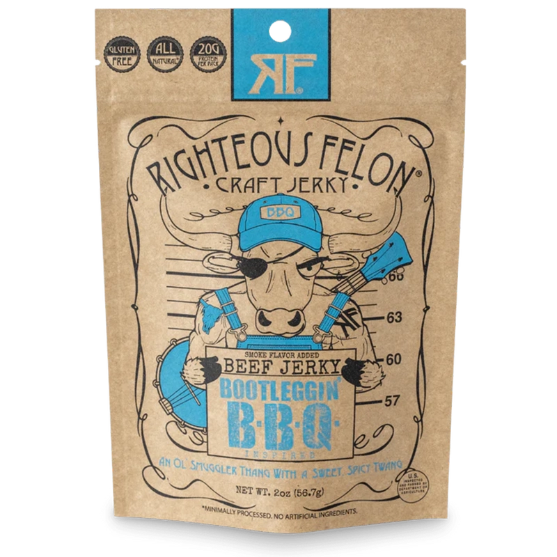 Righteous Felon Baby Blues / Bootlegging BBG Beef Jerky in 2oz Pouch,  Front View