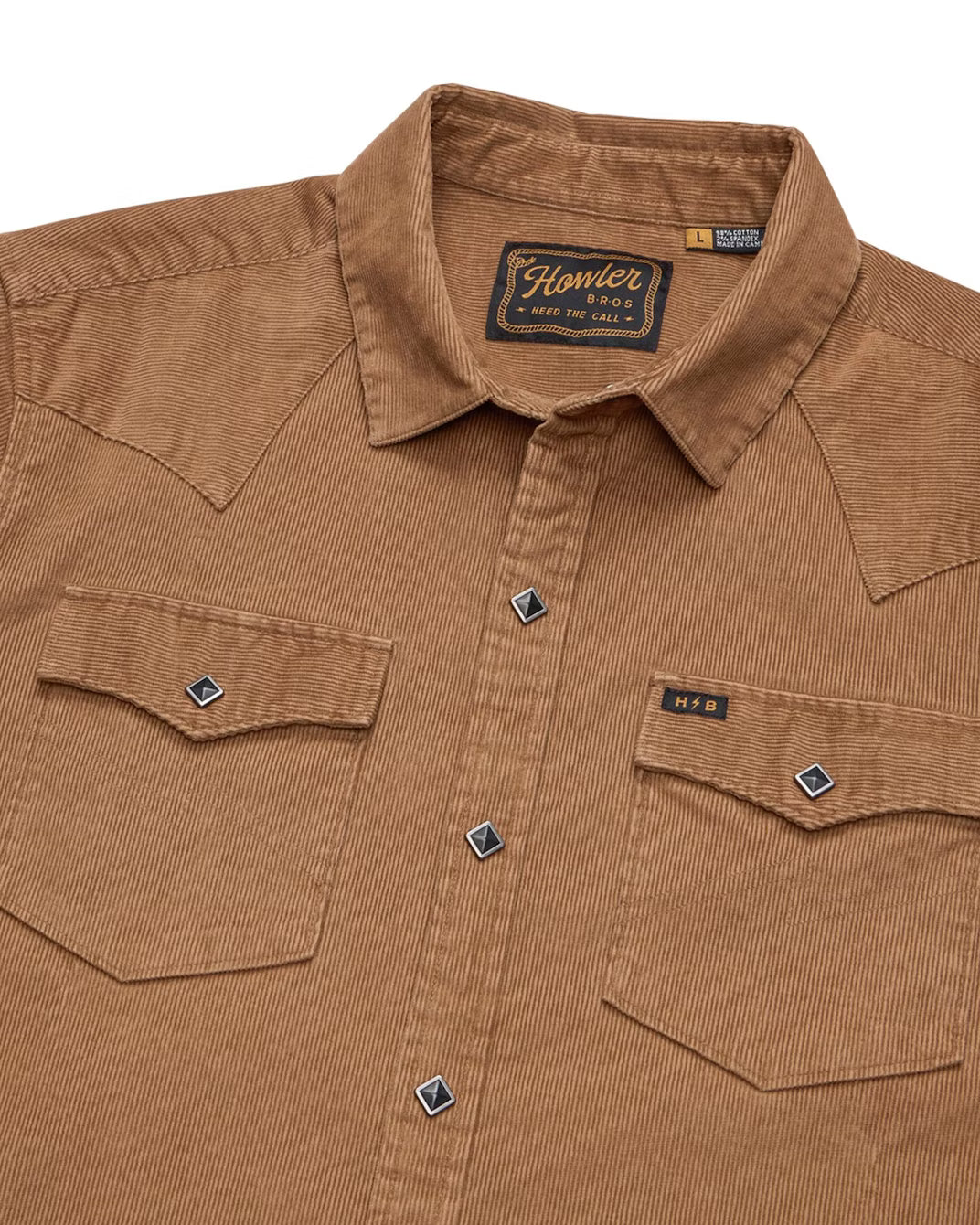Close-up of diamond pearl snaps on duck brown Banning Corduroy Snapshirt