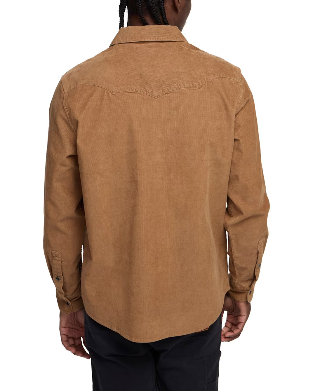 Back view of Howler Brothers Western-style snapshirt in duck brown