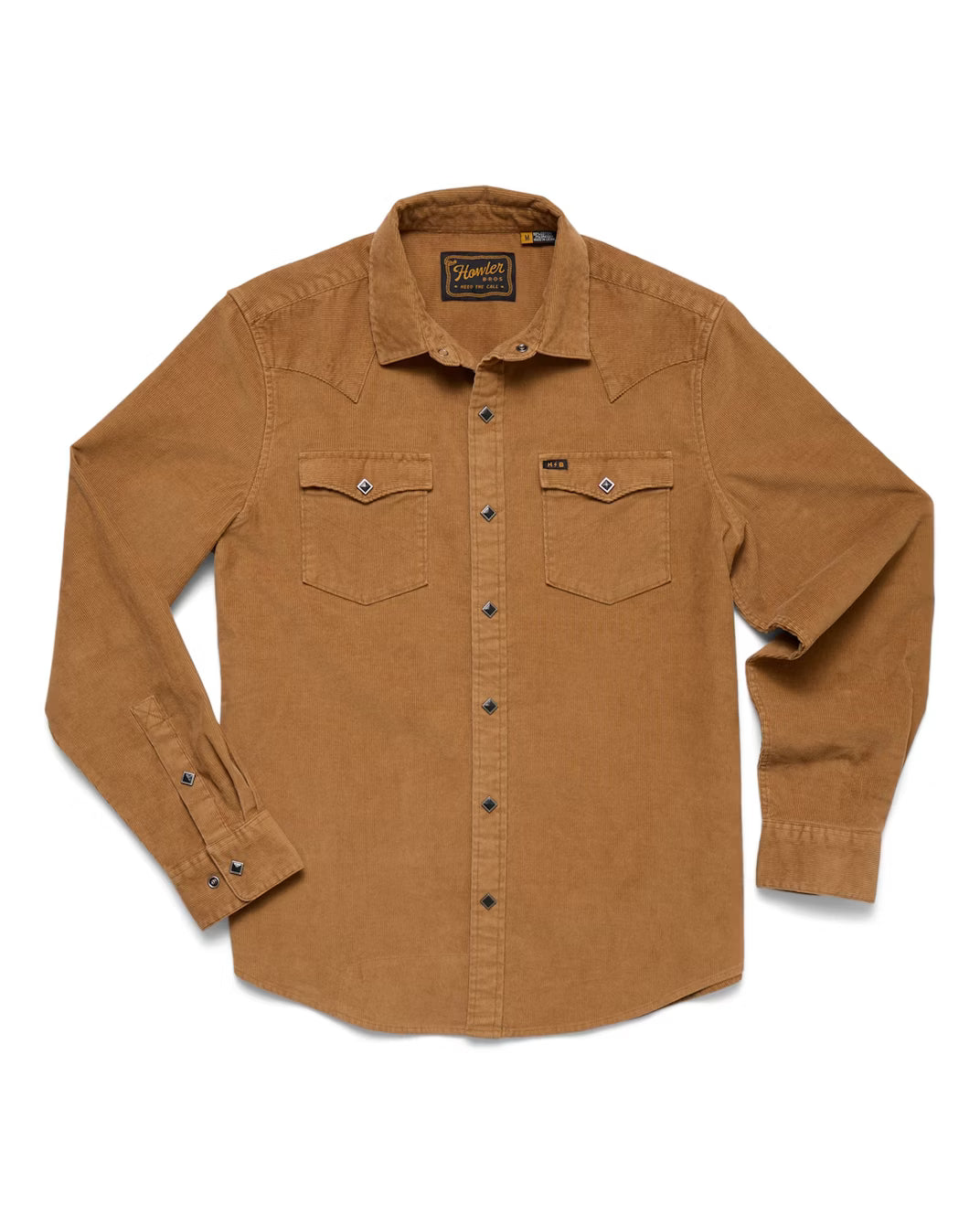 Front view of Howler Brothers Banning Corduroy Snapshirt in duck brown