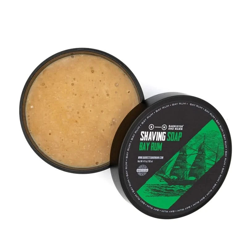Barrister & Mann Bay Rum Shaving Soap, in the open container, front view