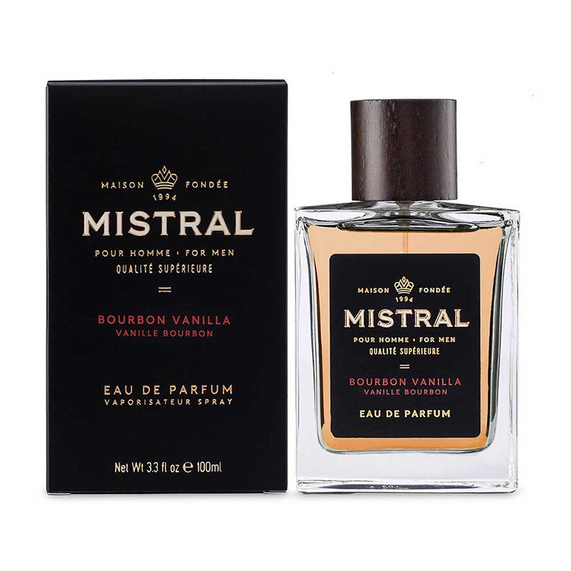 Mistral Bourbon Vanilla cologne bottle and packaging box