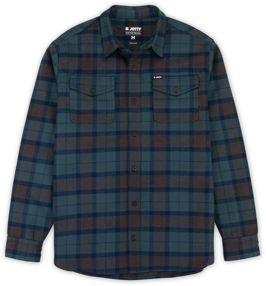 Navy heavyweight organic cotton flannel shirt with double chest pockets and button-down front from Jetty, available at The Simple Man