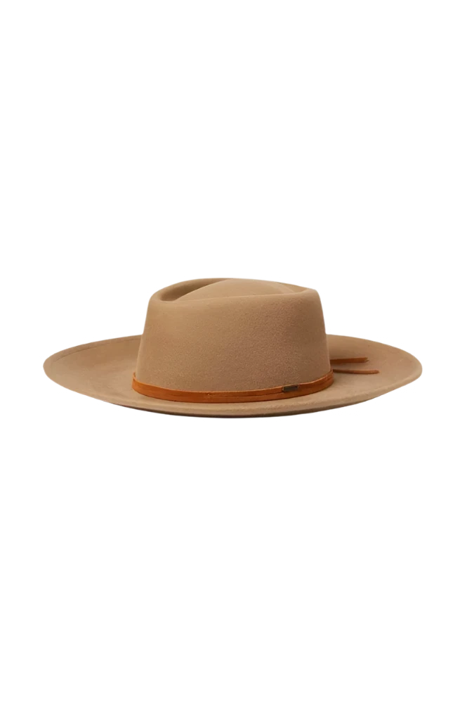 Front view of Brenton Convertabrim Fedora in tan wool felt with leather hat band – men's adjustable wide-brim fedora sold at The Simple Man Omaha