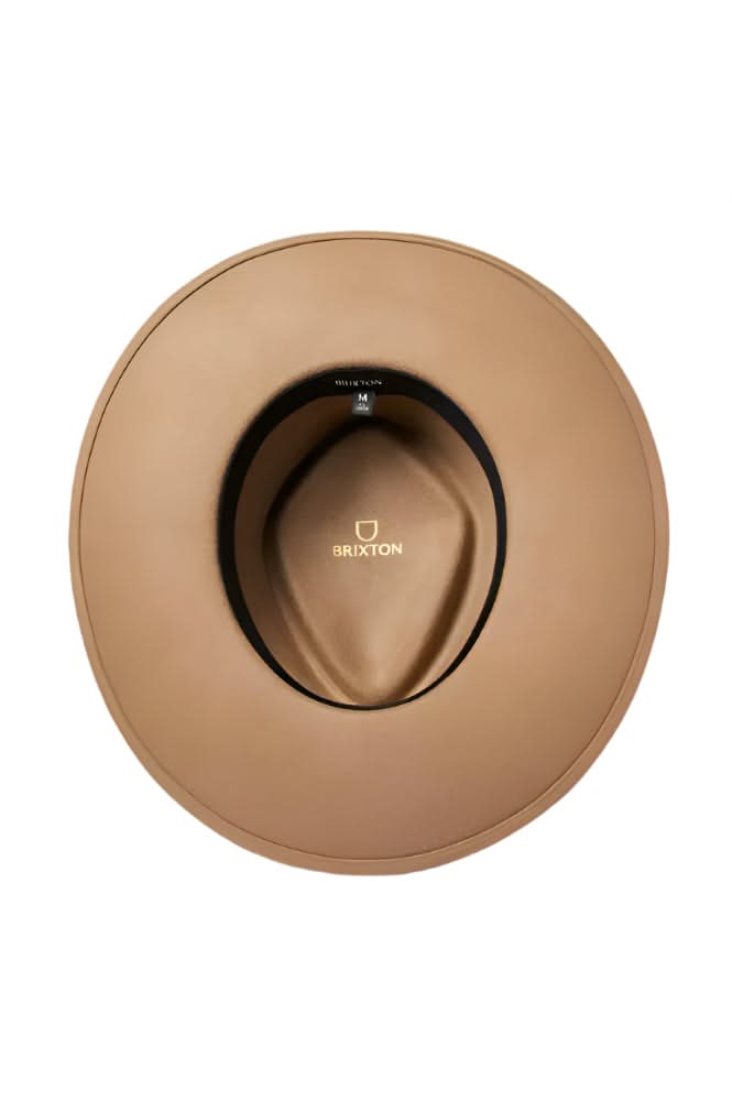Top-down view of inside Brenton Fedora showing Brixton logo, adjustable sweatband, and wool felt construction – men's rancher-style hat from The Simple Man