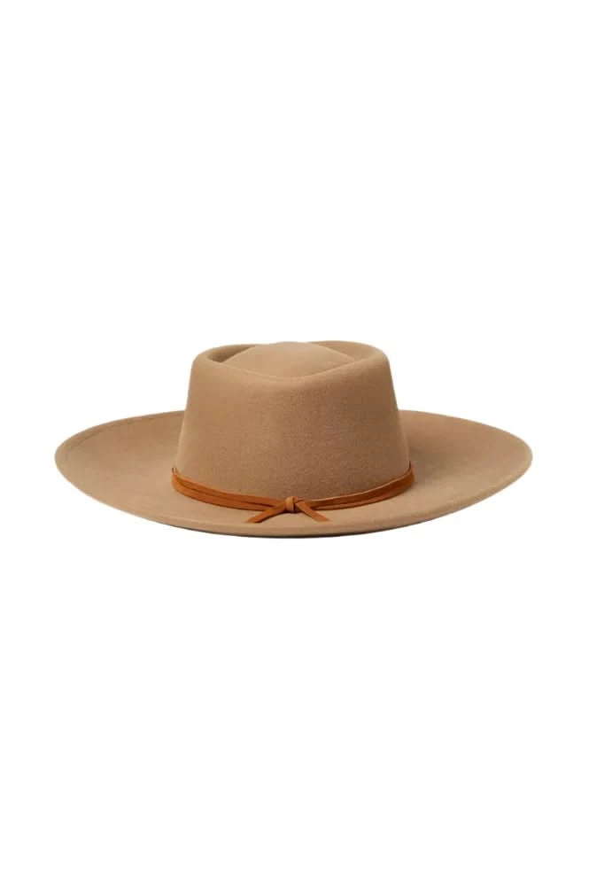 Side profile of tan wool Brenton Convertabrim Fedora with convertible brim and branded metal plaque – available at The Simple Man in Omaha, NE