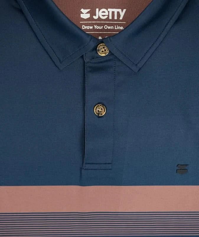 Jetty Bunker polo in Navy, front flat lay CLOSE UP FABRIC view