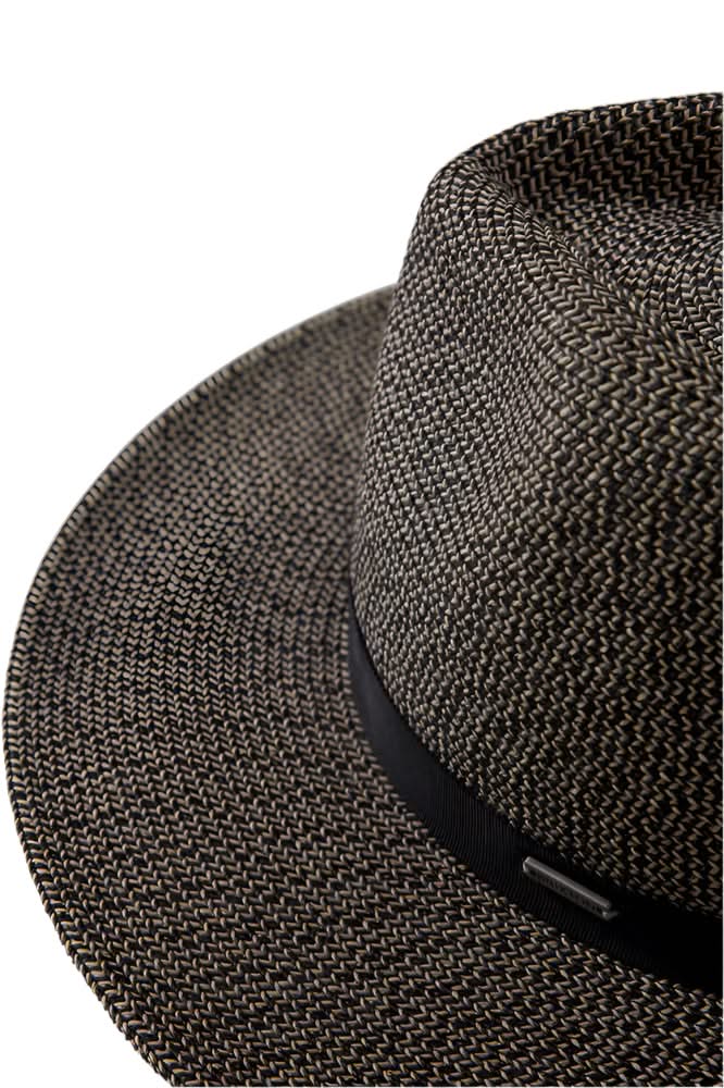 Close-up detail of teardrop crown and textured straw weave on men's travel hat