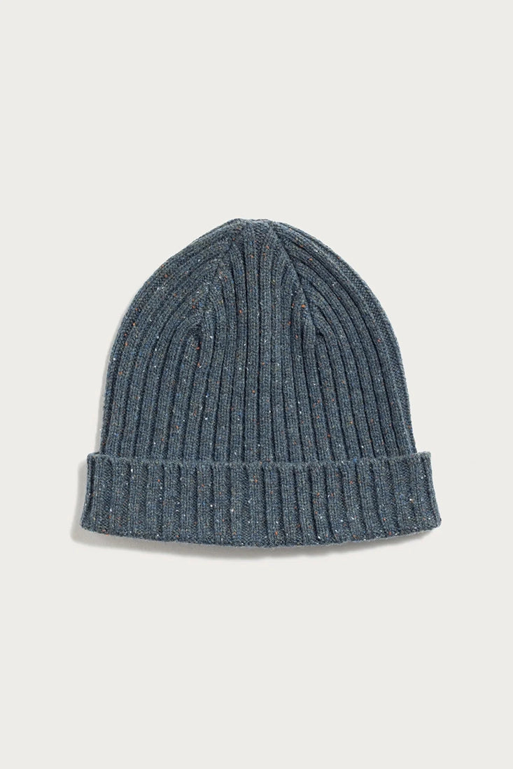 Top view of seaside blue chunky ribbed merino wool beanie — sustainable men’s winter accessory by The Simple Man
