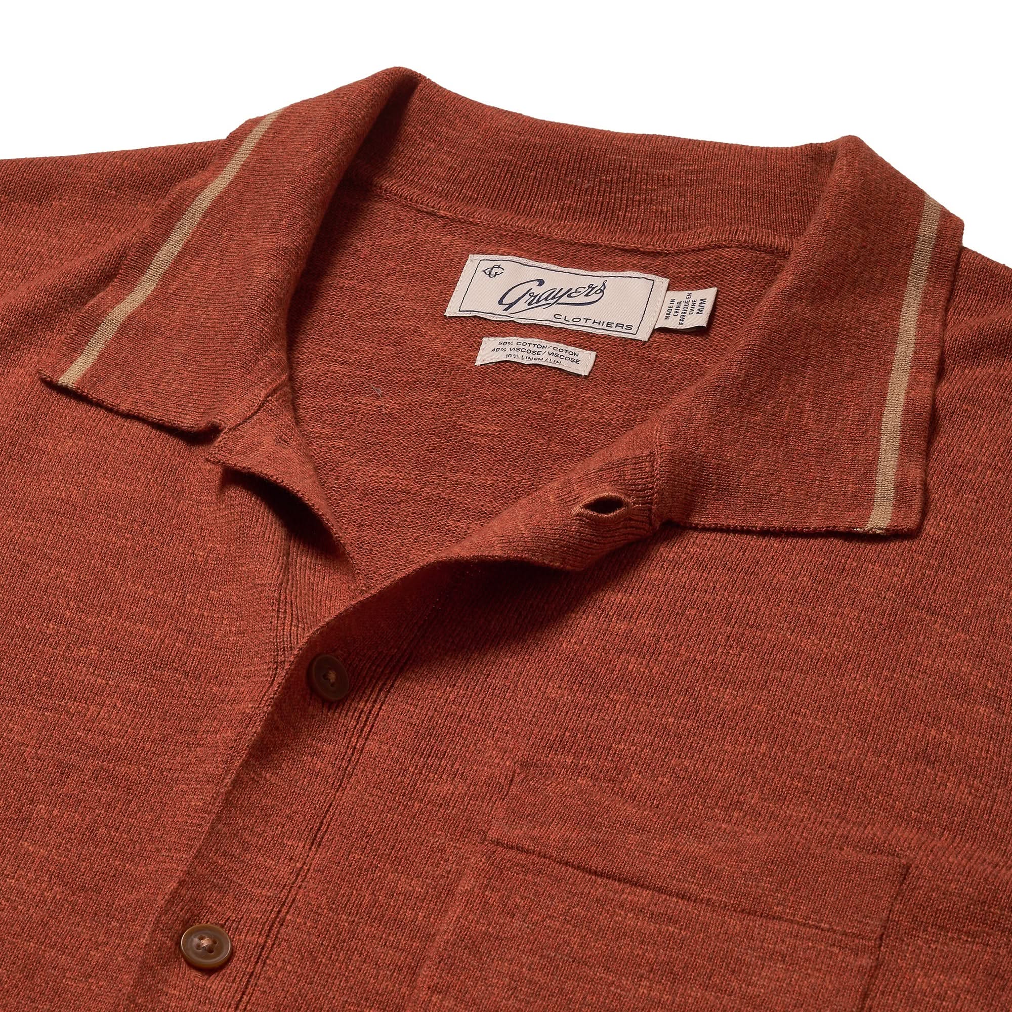 Grayers Cloud Cotton cardigan polo in copper colorway, front close up fabric detail view