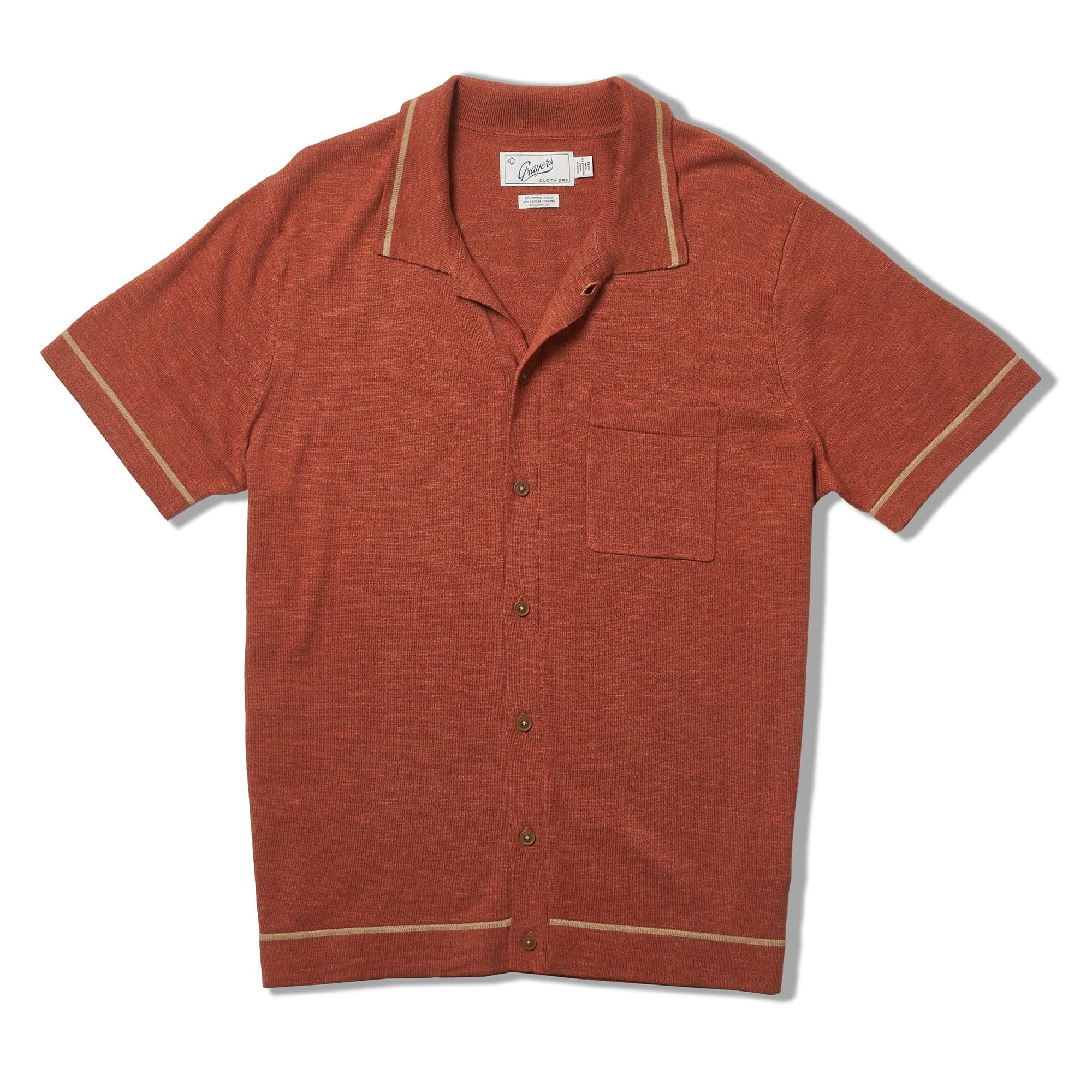 Grayers Cloud Cotton cardigan polo in copper colorway, flat lay view