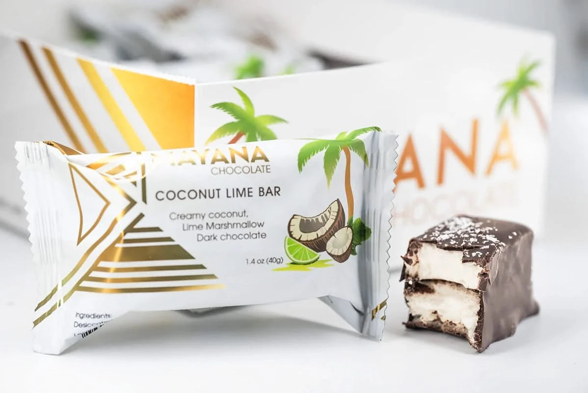 Mayana Chocolate Coconut Lime Mini Bar, shown with  and without packaging