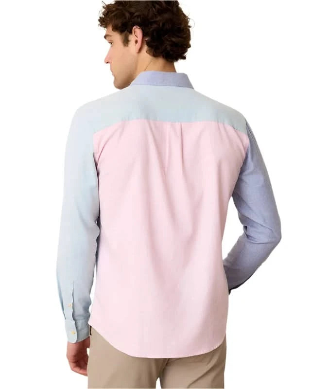 Model Wearing Marine Layer California Oxford shirt in multi color block, rear  view