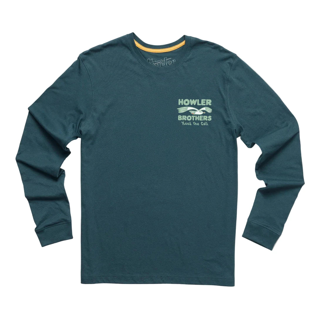Flat lay of Flocka Seagulls long sleeve tee by Howler Brothers, front chest logo detail, 100% cotton resin-washed fabric in Key Largo color