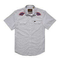Howler Bros. Crosscut Deluxe snap shirt in the High Times design, light grey color, flat lay view