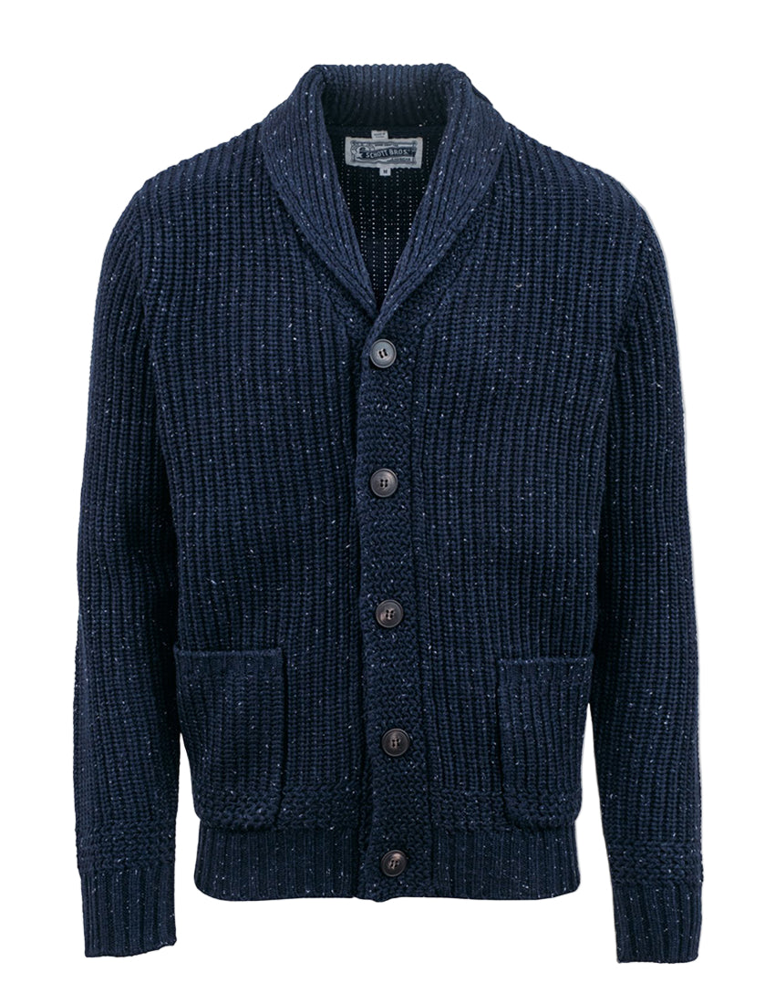 Front-facing view of navy wool Donegal-style cardigan with button closure and patch pockets