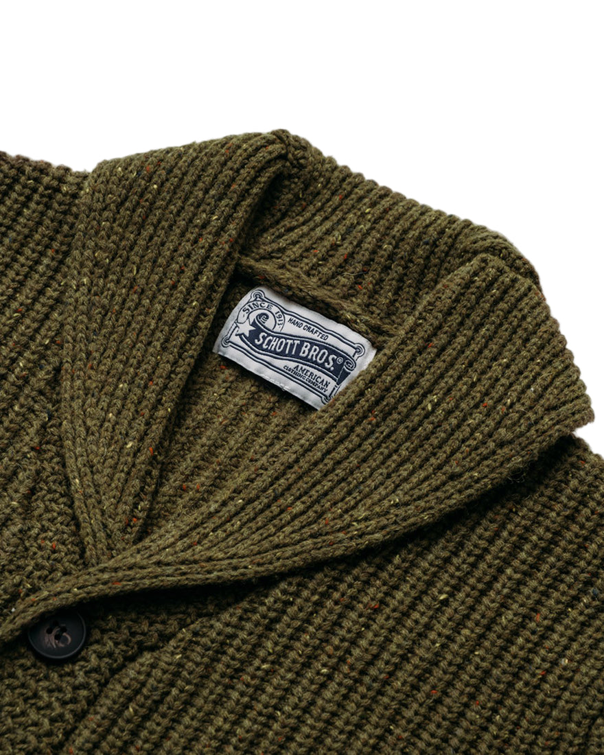 Shawl collar detail of olive Donegal cardigan with Schott Bros label and ribbed wool texture