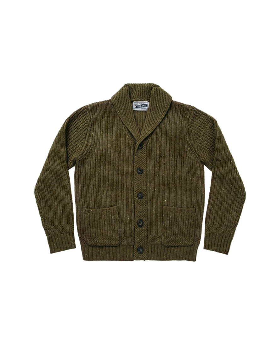 Front view of Schott Bros olive wool cardigan with five-button front and patch pockets