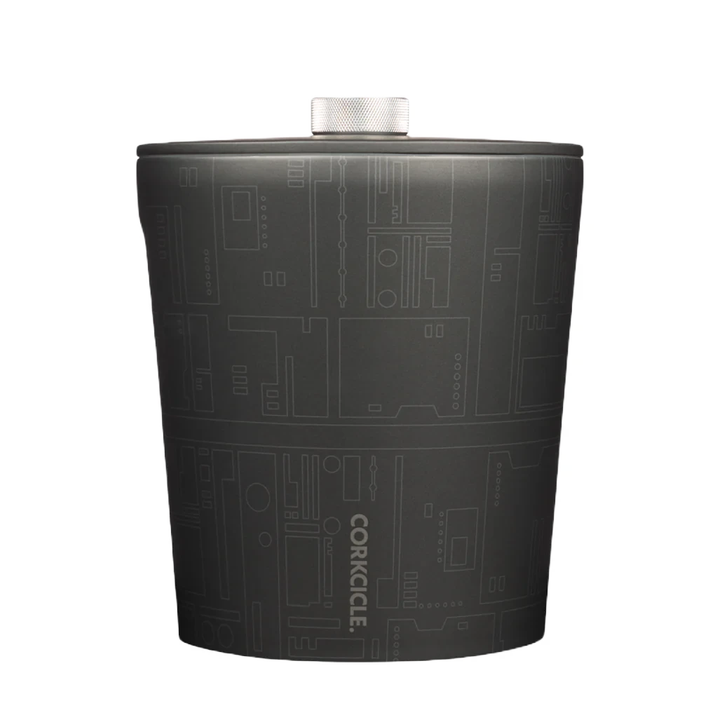 Corkcicle Star Wars Death Star Ice Bucket – 100oz insulated barware with etched Galactic Empire detailing, shown with lid closed.