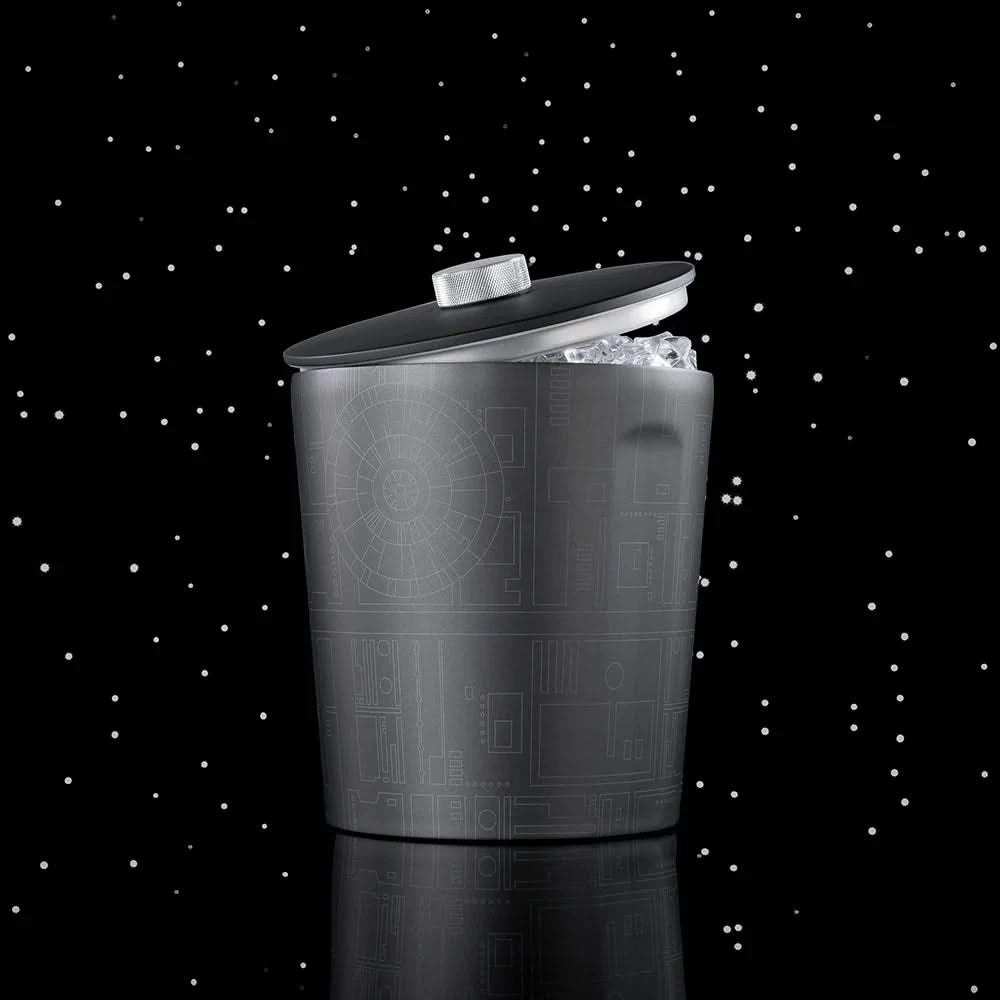 Corkcicle Death Star Ice Bucket filled with ice – Star Wars themed, matte black stainless steel design with etched details, shown in space background.