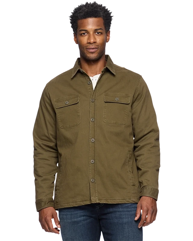 Model wearing Flag & Anthem Dunn stretch flannel lined  jacket, in Olive, Front view