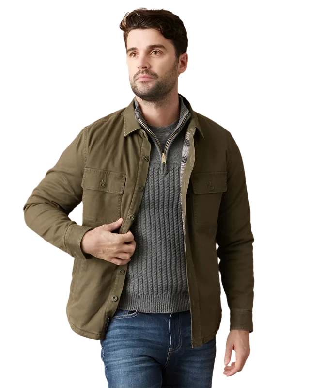 Model wearing Flag & Anthem Dunn stretch flannel lined  jacket, in Olive, Front view jacket opened