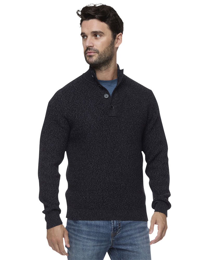 Model wearing Denver Cooling Mock Neck Sweater in charcoal – men's lightweight pullover with 4-button mock neck, available at The Simple Man Omaha