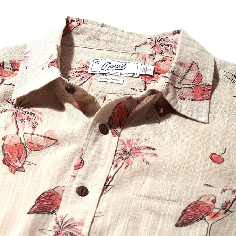 Grayers madras Loose weave drunken parrot shirt, flat lay close up fabric detail  view