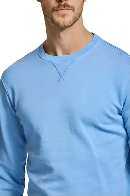 Model wearing Easy Mondays Crewneck sweatshirt in Azure color, front close up detail view