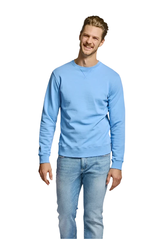 Model wearing Easy Mondays Crewneck sweatshirt in Azure color, front view