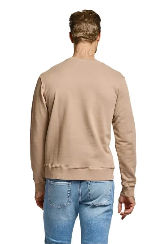 Model wearing Easy Mondays Crewneck sweatshirt in Latte color, rear  view