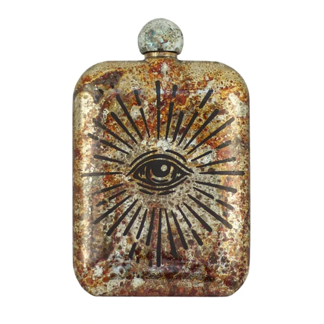 Eye of Providence whiskey flask by The Sneerwell with aged patina finish, featuring etched all-seeing eye design – available at The Simple Man, Omaha