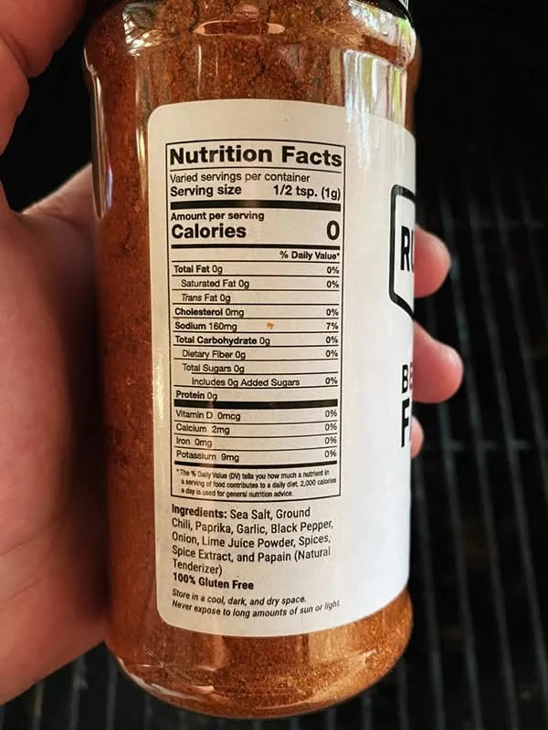 BBQ Rubdown Best Darn Fajita Rub, rear side of bottle showing nutritional info