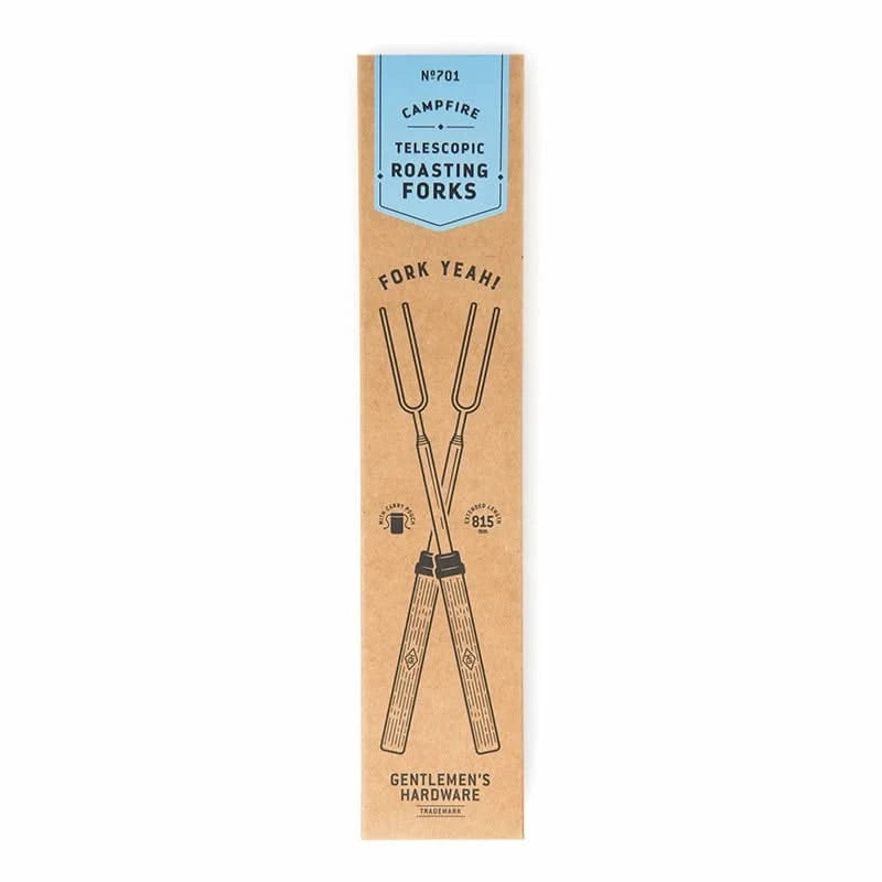 Gentlemen's Hardware telescoping roasting forks and black carrying pouch in the cardboard package