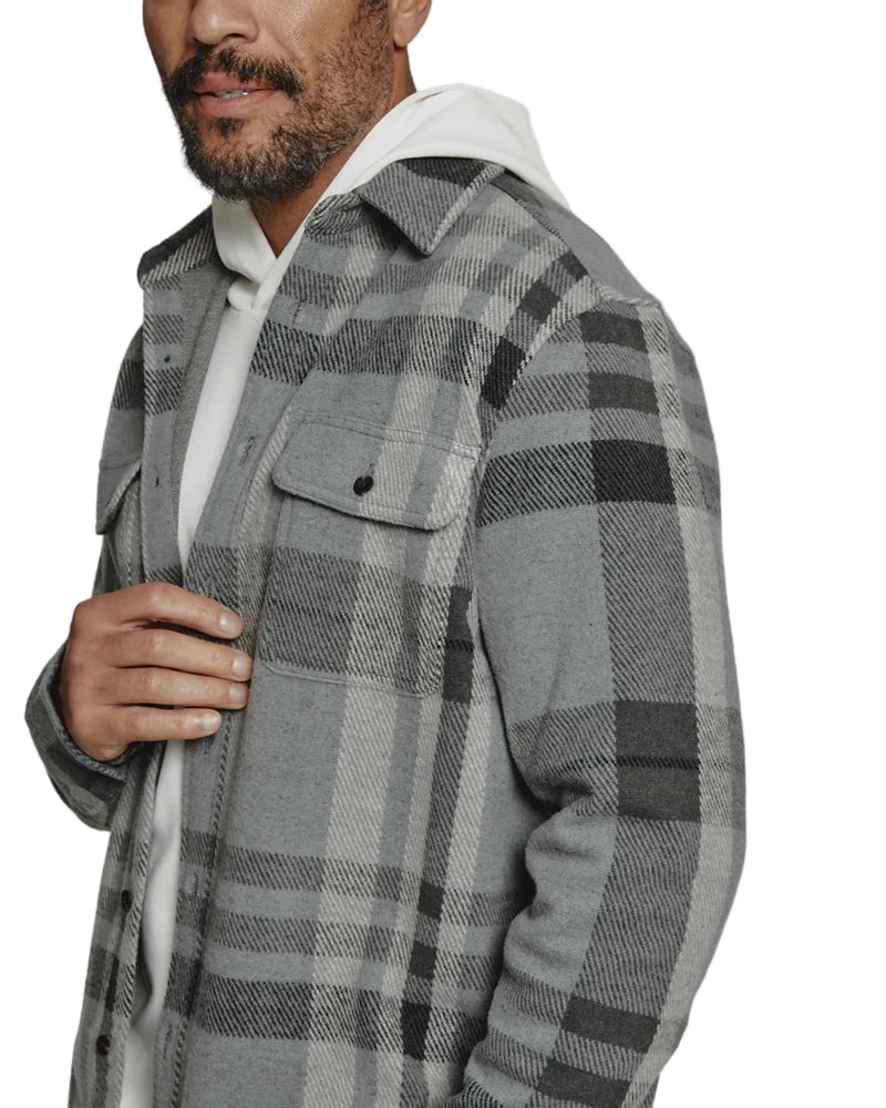 Close-up of Generation Plaid Shirt chest pockets, button placket, and grey flannel fabric texture