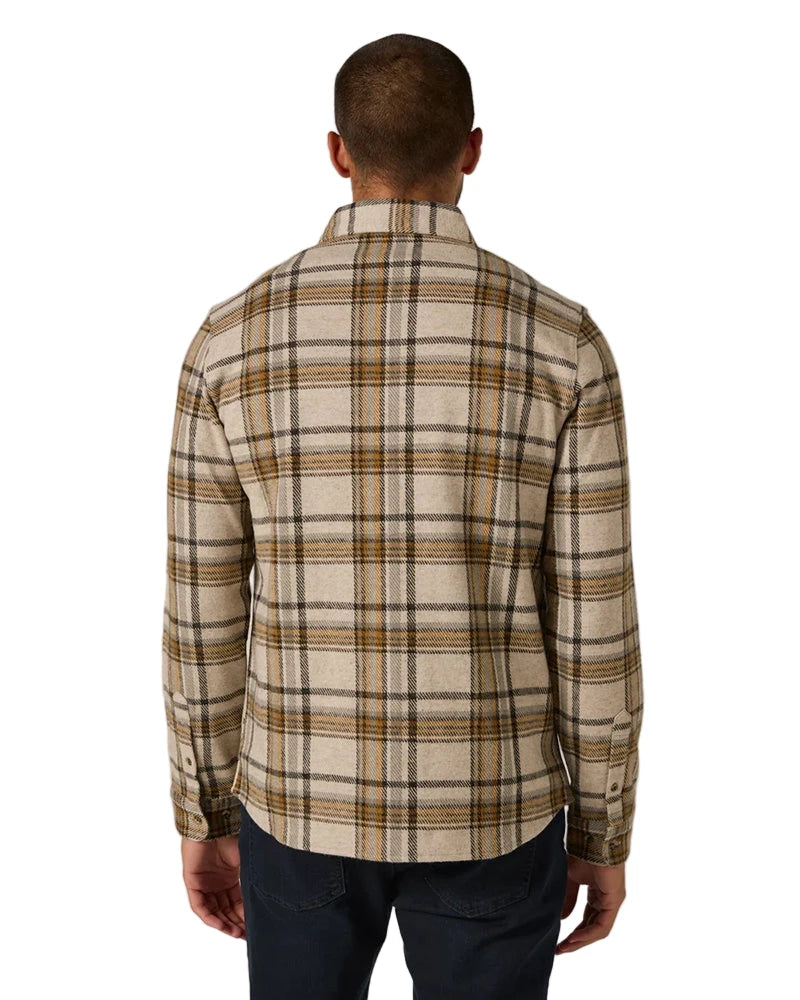 Back view of Generation™ Plaid Shirt showing tailored fit and double-knit jacquard fabric – classic men’s plaid shirt available at The Simple Man, Omaha.