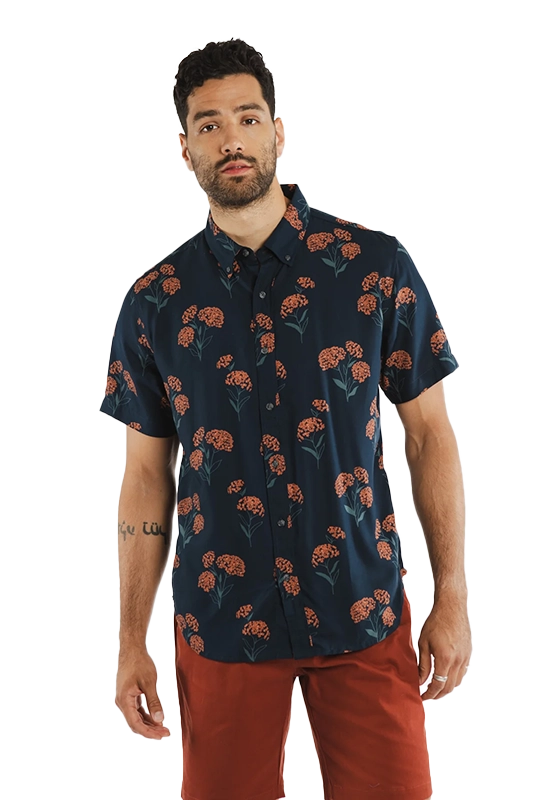 Model Wearing Bridge & Burn Grant Slim Shirt in Wildflower fabric, Front  view