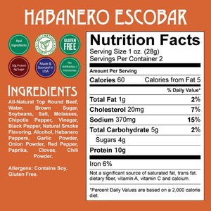 Righteous Felon Habanero Escobar Beef Jerky in 2oz Pouch, nutritional Chart Image
