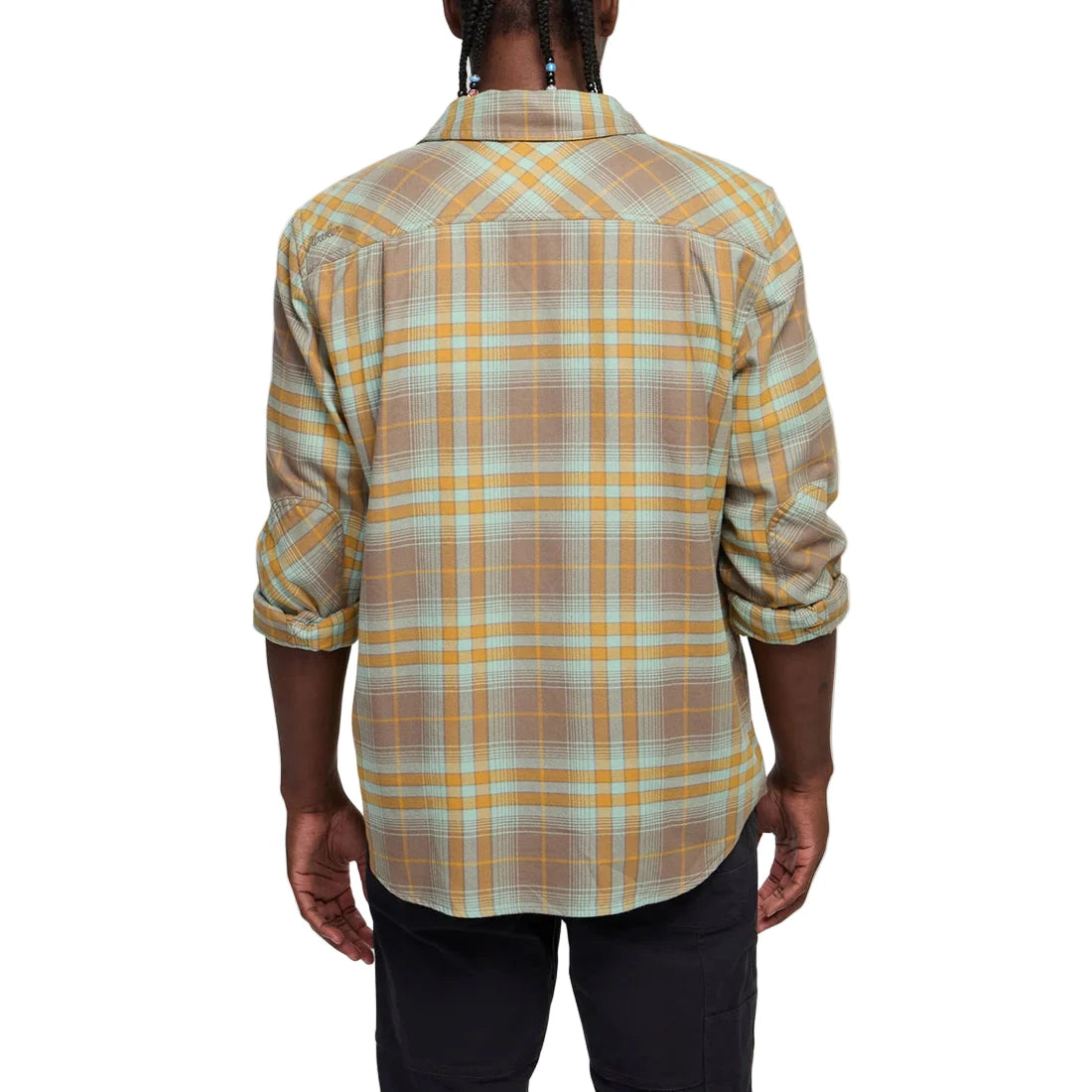 Back view of Harker’s Flannel in Kempton Plaid Taupe worn by male model, highlighting hunter’s yoke and relaxed fit