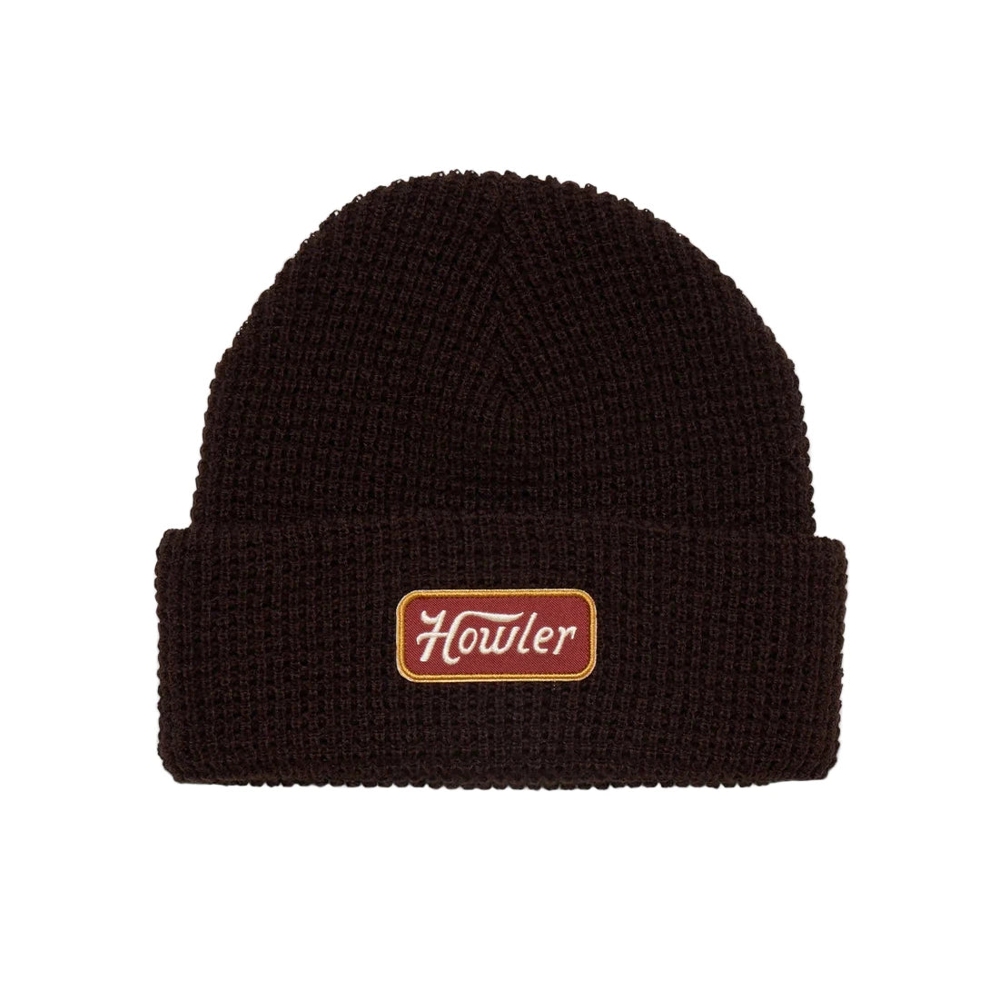 Flat-lay of Hawkeye Beanie in dark brown with Howler patch logo on waffle knit fold-over cuff