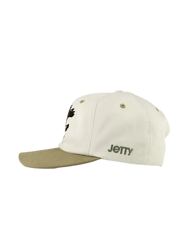 Jetty Hunter hat, natural cotton snap back cap with embroidered Osprey with fish.  side view