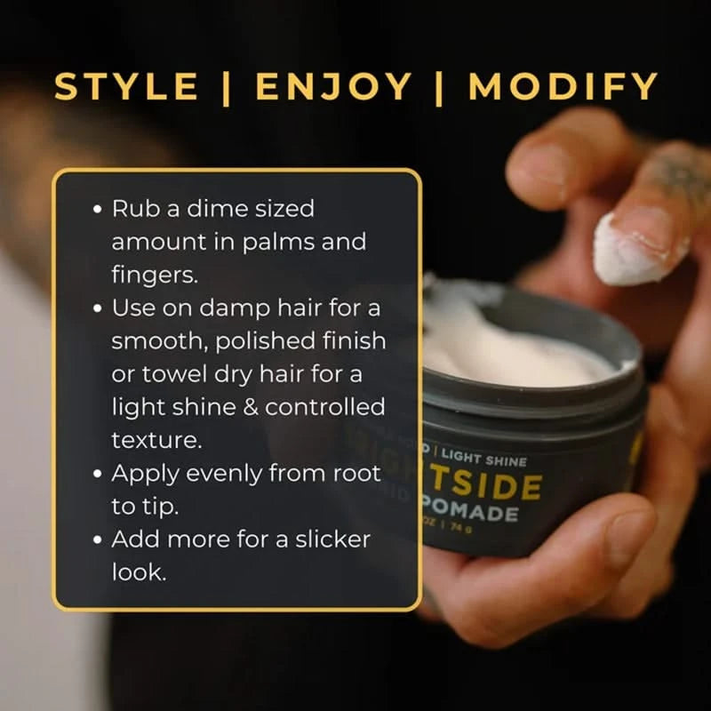 Brightside Hybrid Pomade, info graphic detailing use