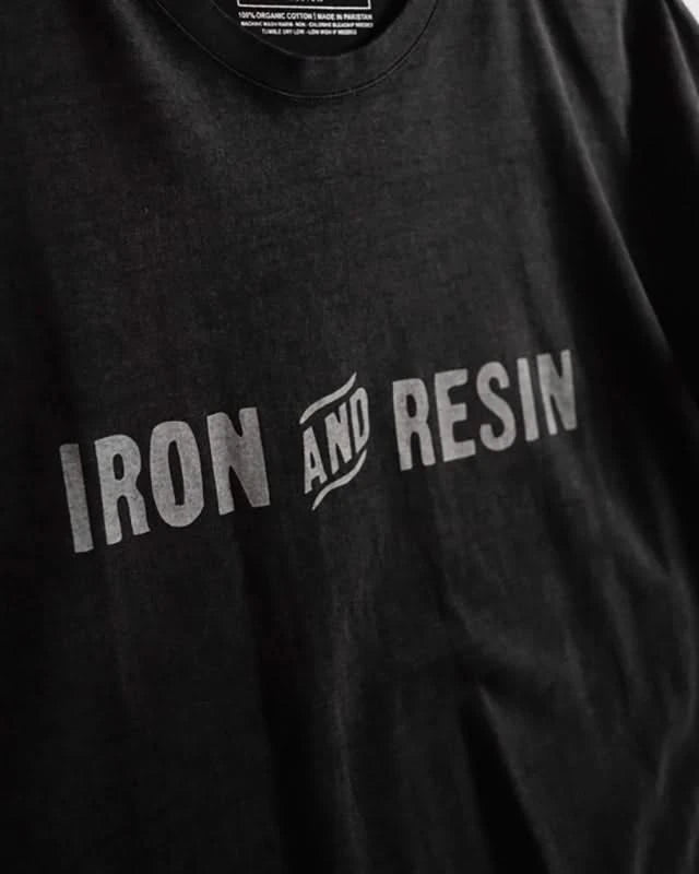 Iron & Resin Logo T-short in black, front close up detail flat lay view