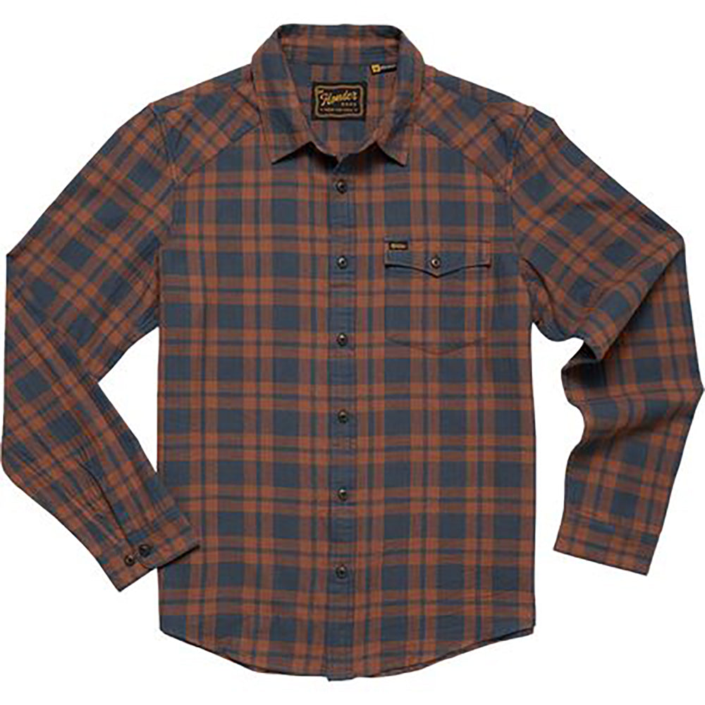 Flat lay of Howler Brothers La Grange Lightweight Flannel Shirt featuring button-down front and long sleeves in rust and navy plaid